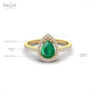 Tear Drop Wedding Ring With 8x6mm Emerald And Diamond Halo Ring In 14k Solid Gold