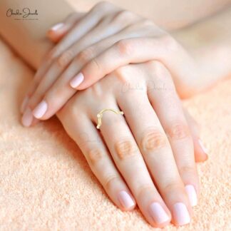 Dainty Curved Band In Real 14k Yellow Gold Diamond 2mm Round Cut Rings For Women