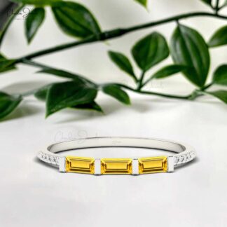 Dainty Stackable Ring With 4x2mm Baguette Citrine And Diamond 14k Real Gold Ring