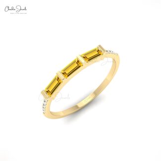 Dainty Stackable Ring With 4x2mm Baguette Citrine And Diamond 14k Real Gold Ring