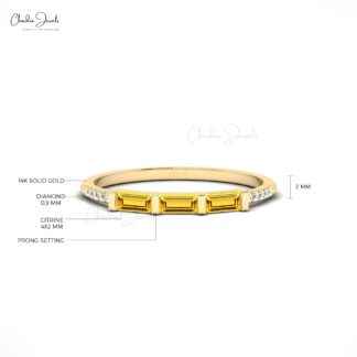 Dainty Stackable Ring With 4x2mm Baguette Citrine And Diamond 14k Real Gold Ring