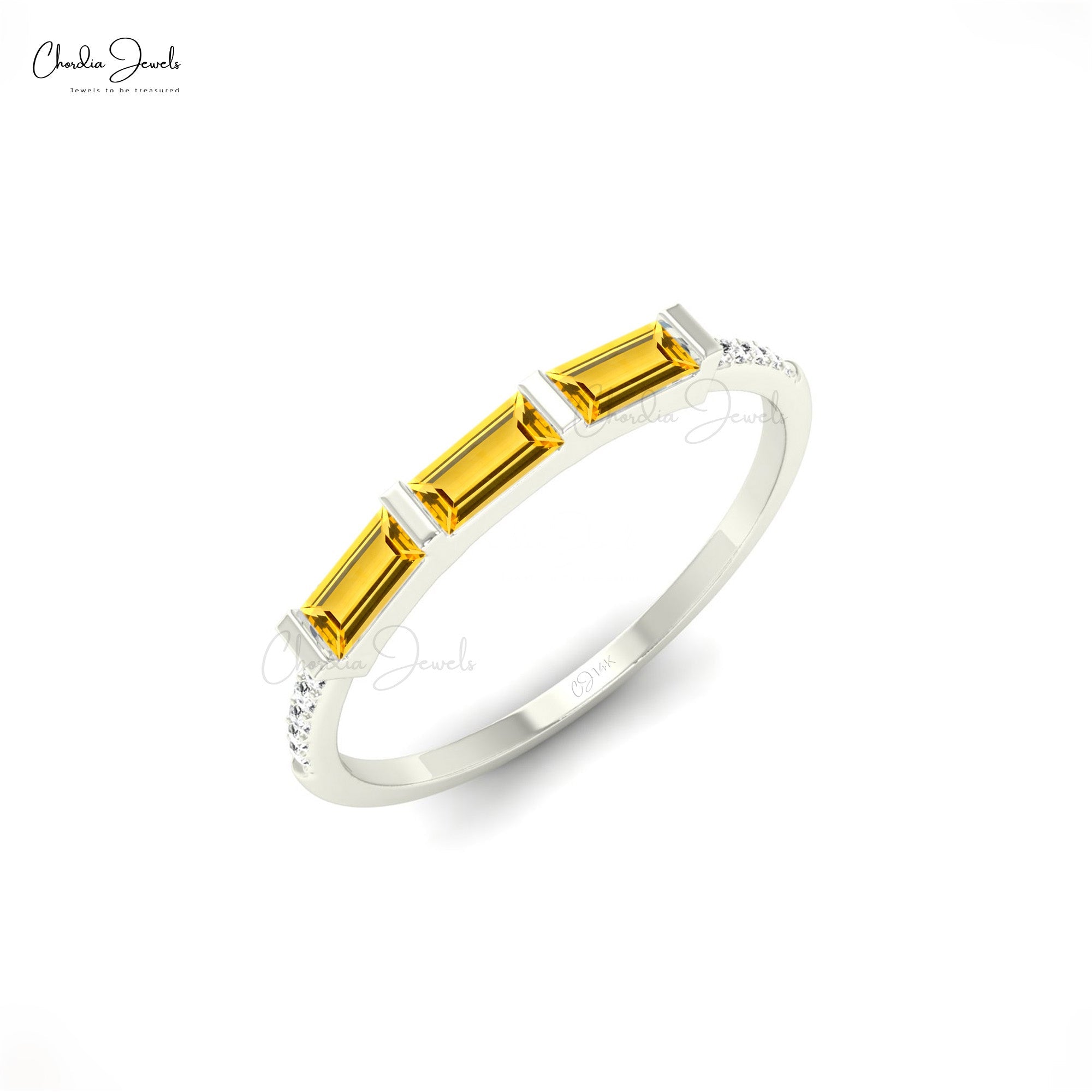 Dainty Stackable Ring With 4x2mm Baguette Citrine And Diamond 14k Real Gold Ring