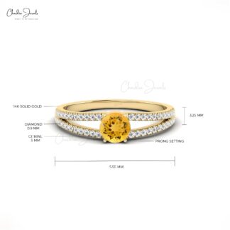 Solitaire 14k Solid Gold Citrine Split Shank Wedding Ring With Diamond Accents