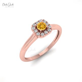 Dainty Diamond Halo Ring In 14k Pure Gold Citrine 3mm Round Gemstone Bridal Rings