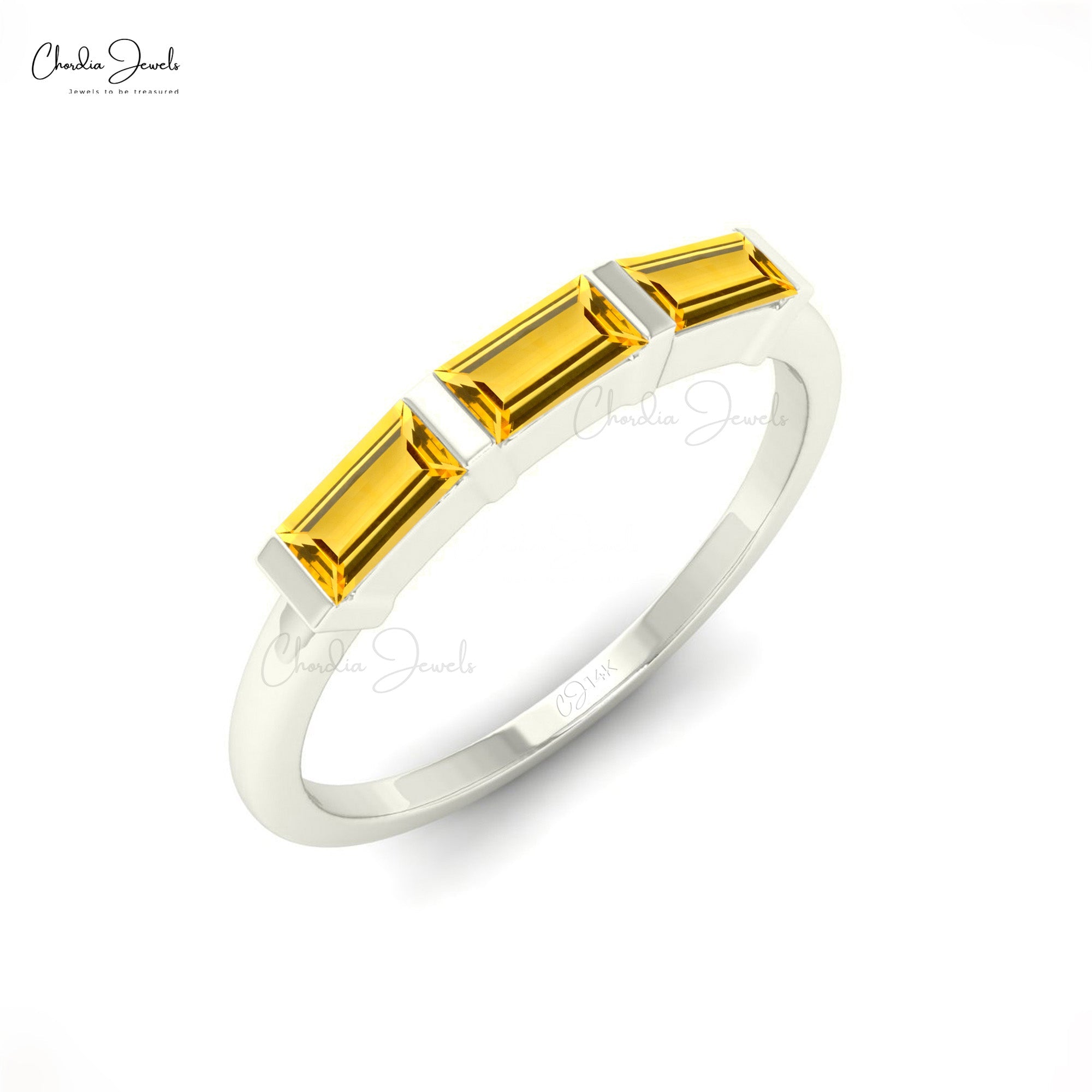 Natural 4X2MM Baguette Cut Citrine Three Stone Ring For Gift