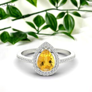 8X6MM Pear Cut Citrine Diamond Halo Ring For Her