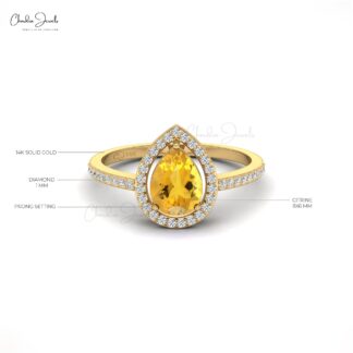 8X6MM Pear Cut Citrine Diamond Halo Ring For Her