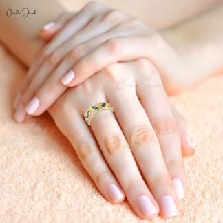 Art Deco Marquise Cut Ring with 0.2 Ct Blue Sapphire And Diamond Rings In 14k Yellow Gold