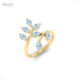 Genuine Aquamarine 0.91 Ct Marquise Seven Stone14k Solid Gold Leaf Women Ring