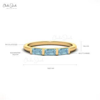 Baguette Cut 14K Gold Aquamarine Three Stone Ring For Anniversary Gift