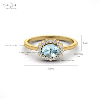 Diamond Halo Wedding Ring With 7x5mm Aquamarine 14k Real Gold Rings For Women