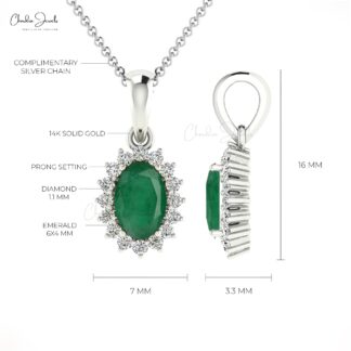 Natural Emerald Diamond Halo Pendant 14k Solid Gold Minimalist Pendant For Birthday Gift