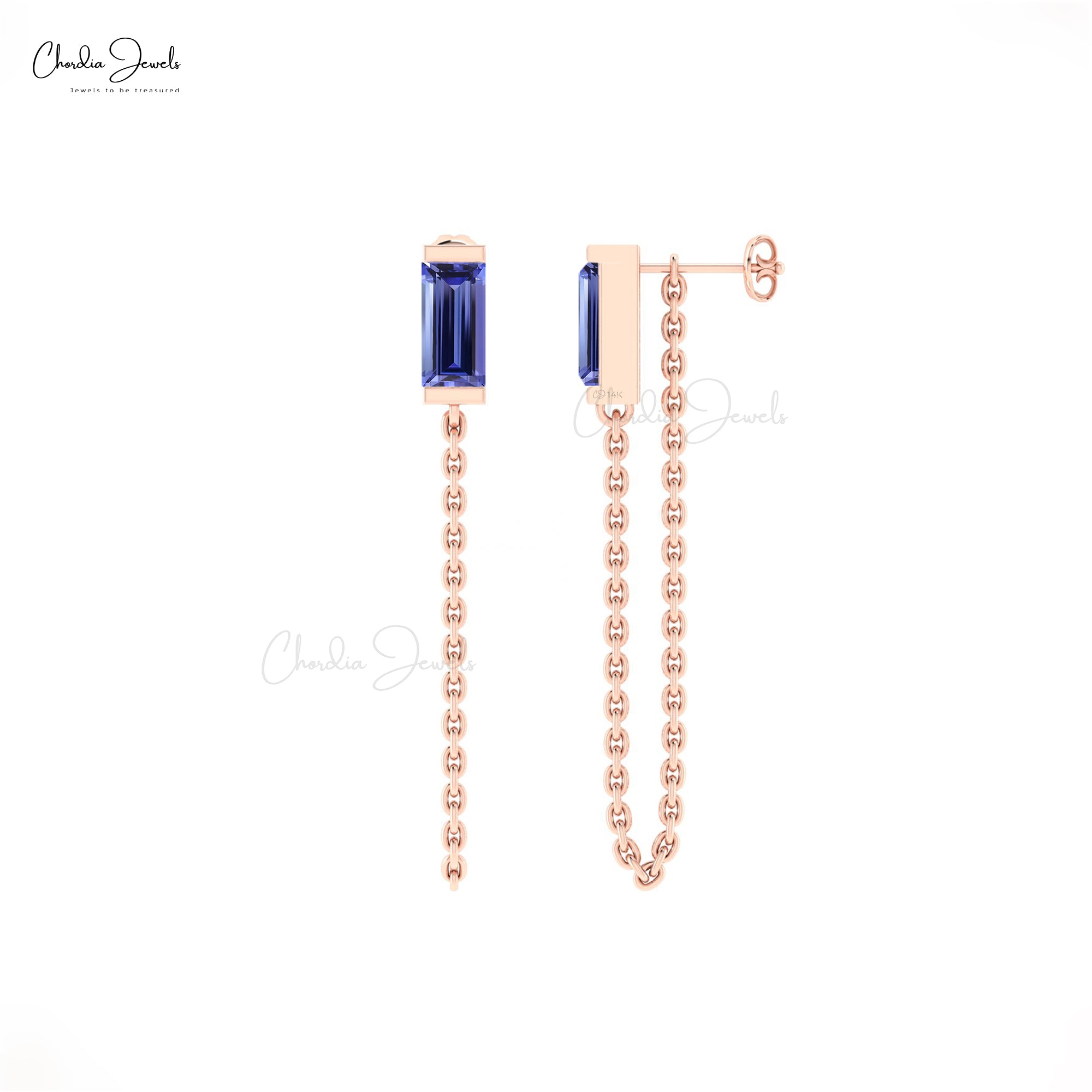 Genuine Tanzanite Chain Earrings for Women 0.60ct Gemstone 14k Gold Modern Earrings