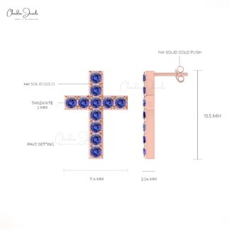 Elegant Tanzanite Cross Studs in 14k Solid Gold Religious 2mm Round-Cut Earrings For Her