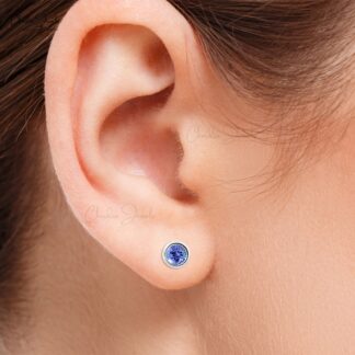Round-Cut Tanzanite Solitaire Studs Earrings in 14k Solid White Gold Minimalist Jewelry