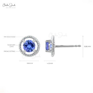 AAA Blue Tanzanite Prong Set Earrings 5mm Round Cut Gemstone Spiral Studs Genuine 14k Real Gold December Birthstone Jewelry For Gift