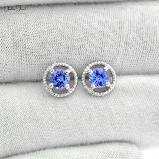 AAA Blue Tanzanite Prong Set Earrings 5mm Round Cut Gemstone Spiral Studs Genuine 14k Real Gold December Birthstone Jewelry For Gift