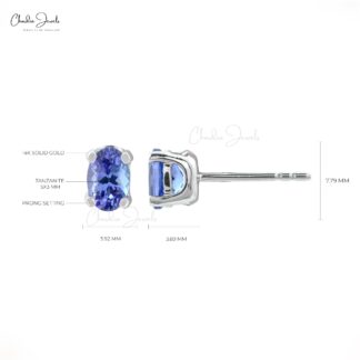 Natural Tanzanite Solitaire Earrings In Real 14k White Gold Oval 6x4mm Gemstone Jewelry