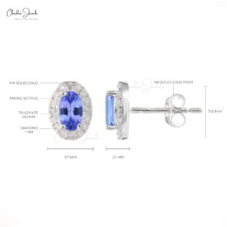 Real 14k White Gold Genuine Tanzanite Halo Earrings 1mm Round Cut Diamond Pave Set Studs Summer Jewelry For Gift