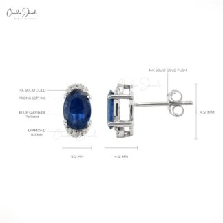Natural Blue Sapphire White Gold Half Halo Studs Earrings, September Birthstone Blue Sapphire 14K White Gold Diamond Halo Stud Earrings, Blue Sapphire Handmade Studs