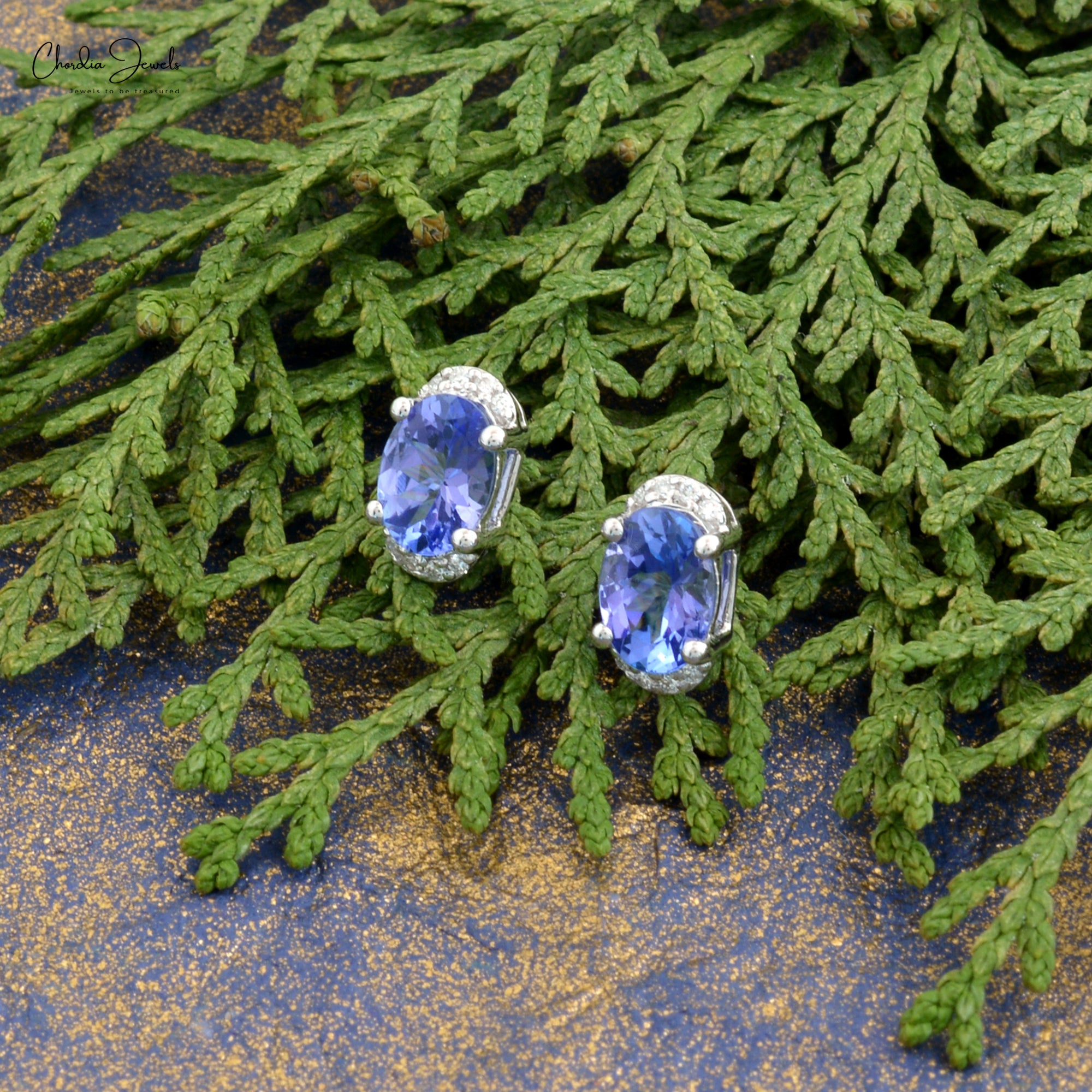Genuine Blue Tanzanite Half Halo Studs 14k White Gold G-H Diamond Summer Jewelry 7x5mm Oval Cut Gemstone Push Back Earrings For Her