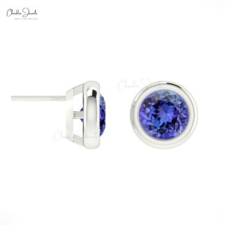 Genuine Tanzanite December Birthstone Solitaire Studs 14k Real Gold Dainty Jewelry 5mm Round Cut Push Back Earrings For Easter Day
