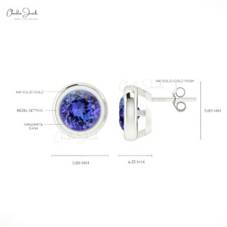 Genuine Tanzanite December Birthstone Solitaire Studs 14k Real Gold Dainty Jewelry 5mm Round Cut Push Back Earrings For Easter Day