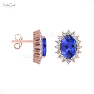 Natural Tanzanite Halo Earrings 6x4mm Oval Cut Gemstone Hallmarked Studs 14k Real Gold Diamond Vintage Summer Jewelry
