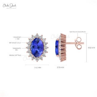 Natural Tanzanite Halo Earrings 6x4mm Oval Cut Gemstone Hallmarked Studs 14k Real Gold Diamond Vintage Summer Jewelry