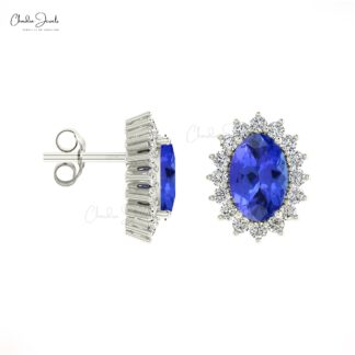 Natural Tanzanite Halo Earrings 6x4mm Oval Cut Gemstone Hallmarked Studs 14k Real Gold Diamond Vintage Summer Jewelry