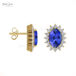 Natural Tanzanite Halo Earrings 6x4mm Oval Cut Gemstone Hallmarked Studs 14k Real Gold Diamond Vintage Summer Jewelry