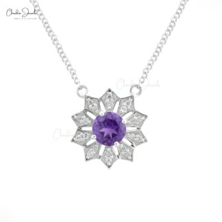 Flower Round Cut Necklace With 6mm Amethyst & Zircon Necklace In 925 Sterling Silver
