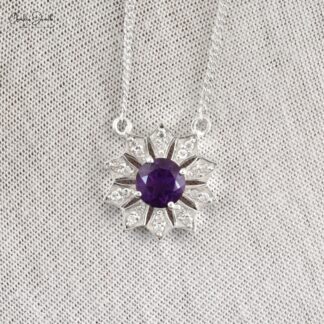 Flower Round Cut Necklace With 6mm Amethyst & Zircon Necklace In 925 Sterling Silver