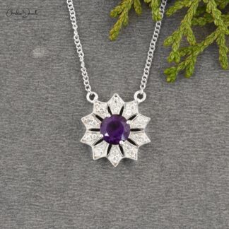Flower Round Cut Necklace With 6mm Amethyst & Zircon Necklace In 925 Sterling Silver