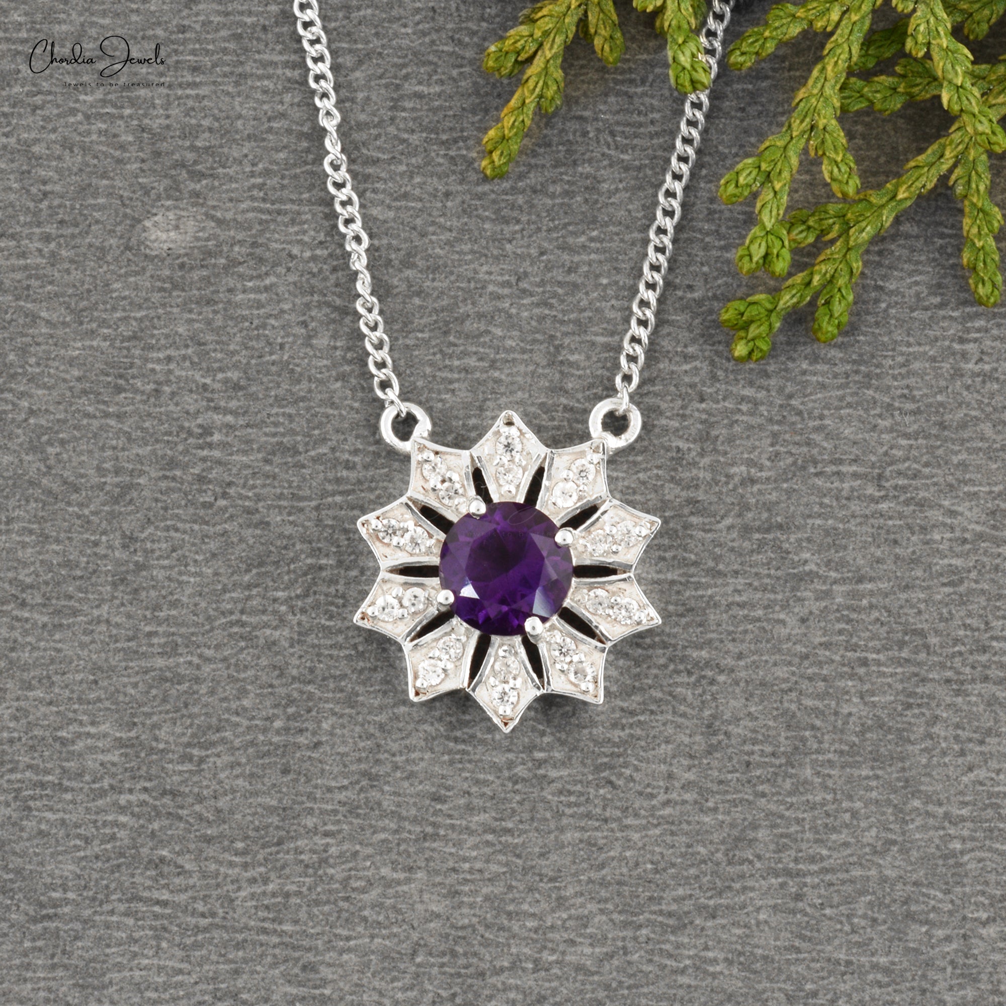 Flower Round Cut Necklace With 6mm Amethyst & Zircon Necklace In 925 Sterling Silver