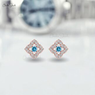 2MM Round Cut Swiss Blue Topaz & Diamond Stud Earrings For Woman