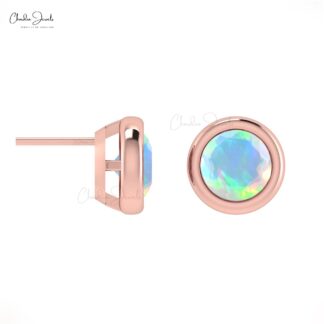 Round Brilliant Cut Opal Stud Earrings With 14K Solid Gold