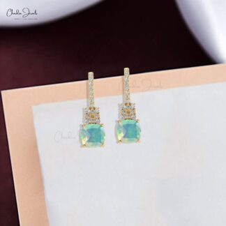 Natural Fire Opal Gemstone Earrings With Round Diamond Accents In 14k Solid Gold Studs