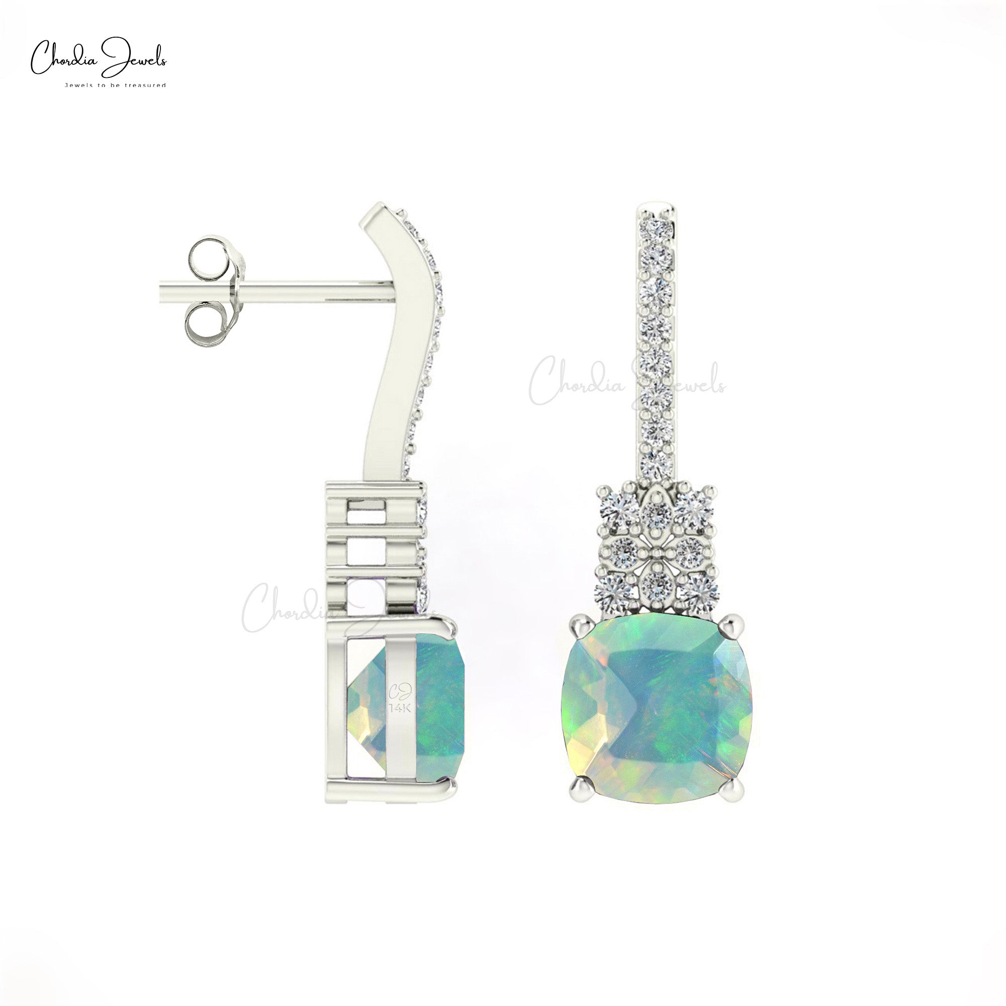 Natural Fire Opal Gemstone Earrings With Round Diamond Accents In 14k Solid Gold Studs