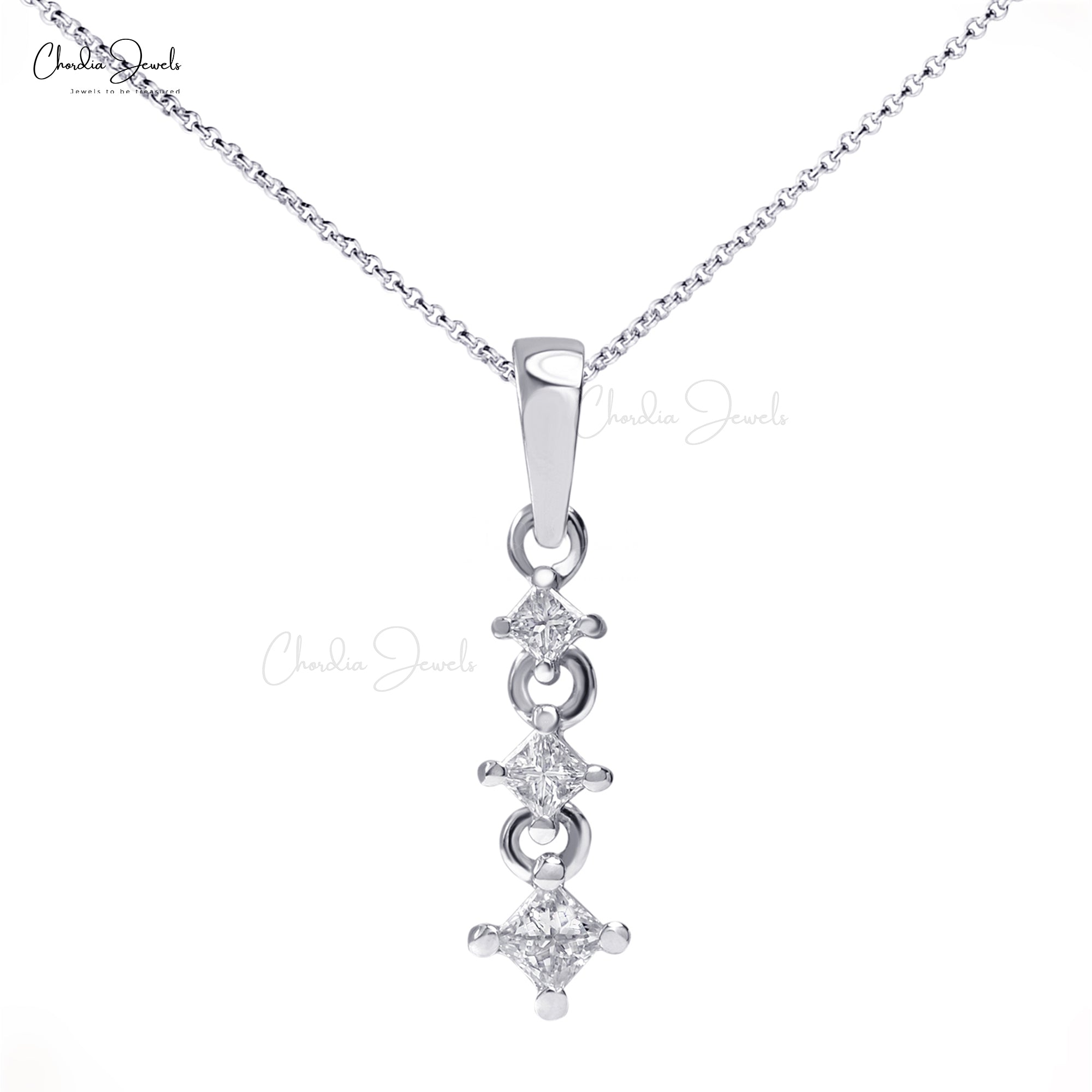 Trilogy Dangle Pendant With 2.2mm G-H Diamond Prong Set In 14k White Gold Necklace
