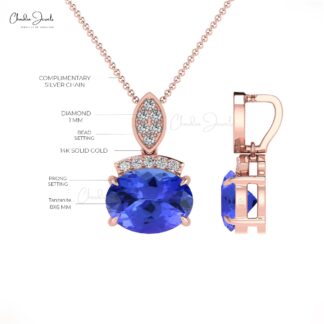Cluster Diamond Pendant In 14k Solid Gold Tanzanite 8x6mm Gemstone Pendant For Mom