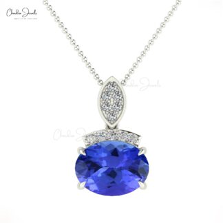 Cluster Diamond Pendant In 14k Solid Gold Tanzanite 8x6mm Gemstone Pendant For Mom