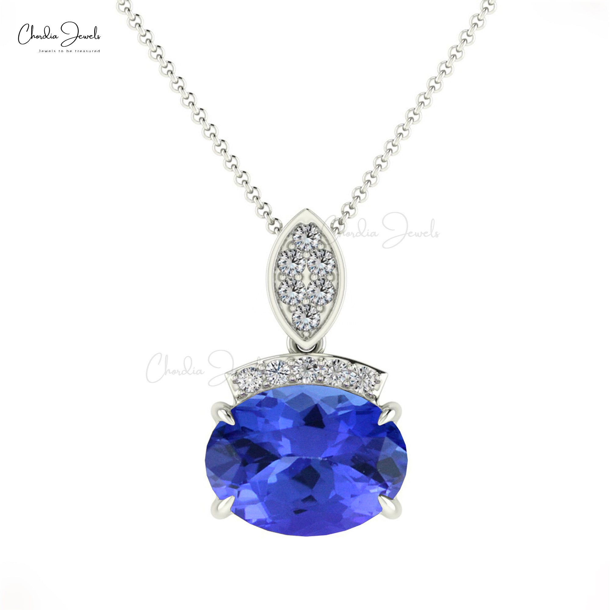 Cluster Diamond Pendant In 14k Solid Gold Tanzanite 8x6mm Gemstone Pendant For Mom
