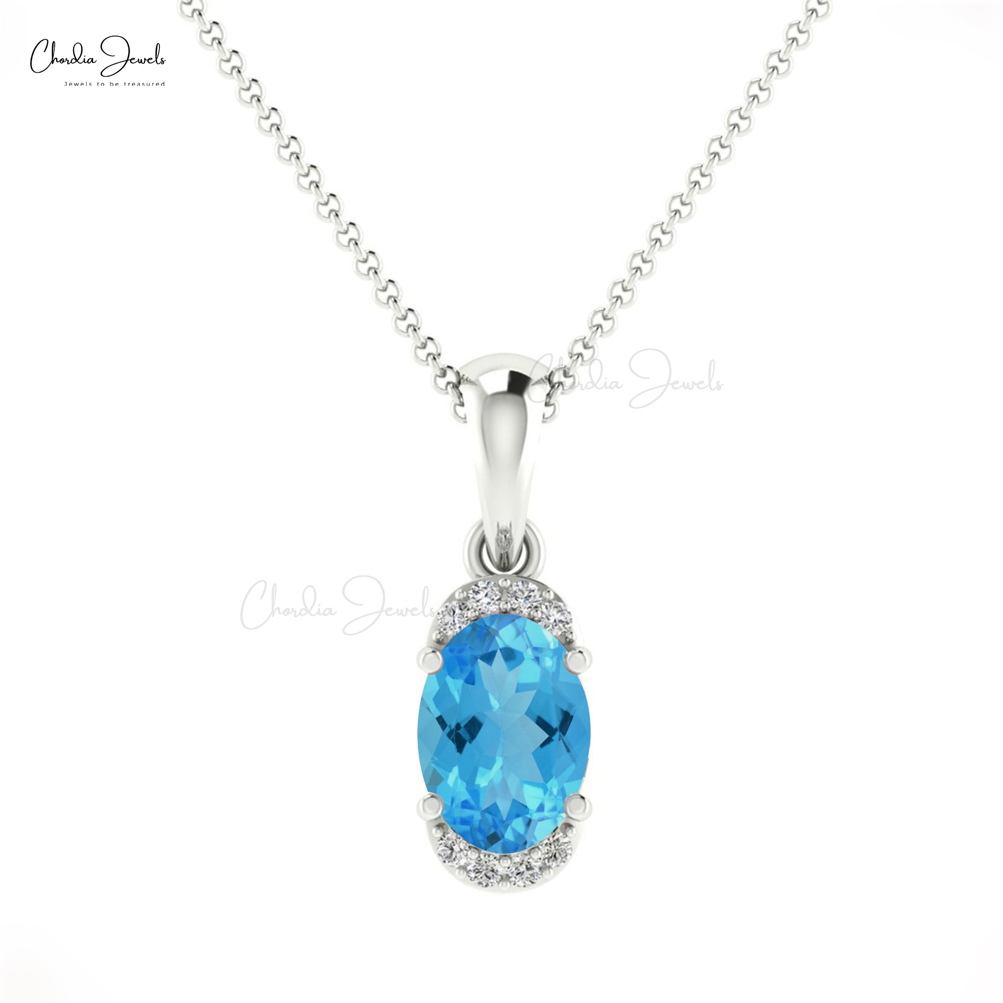 Half Halo Gemstone Pendant in 14k Solid Gold Swiss Blue Topaz And Diamond Dangle Pendant
