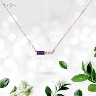 Solid 14k Gold Natural Amethyst & Diamond Matinee Necklace