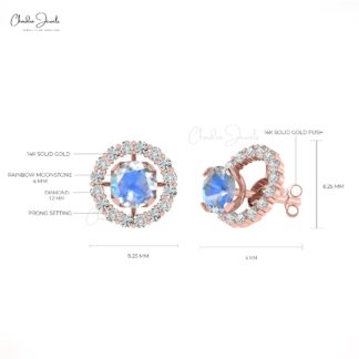 Authentic Rainbow Moonstone & G-H Diamond Halo Earring 14k Gold Detachable Stud for Women