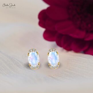 AAA Quality June Birthstone Rainbow Moonstone 14K Gold Diamond Half Halo Stud Earrings