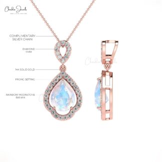 Pure 14k Gold Art Deco Pendant In 8x6mm Rainbow Moonstone And Diamond Unique Jewelry