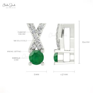 Criss-Cross Pendant With Natural Emerald & Round Diamond 14k Real Gold Unique Pendant