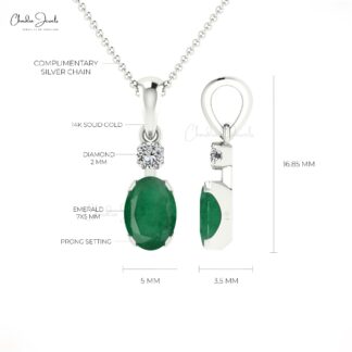 Accent Diamond Pendant With Emerald Gemstone 14k Solid Gold Solitaire Pendant For Women